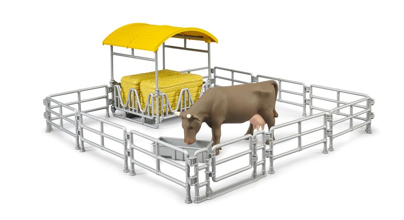 Mangeoir et clôture avec vache