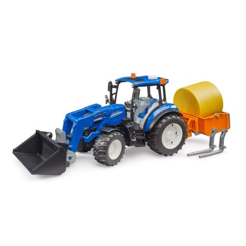 Tracteur New Holland Powerstar 120 avec pelle, fourche et boîte de transpot de balle de foin