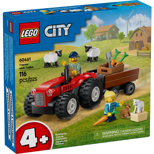 Tracteur agricole rouge avec remorque et moutons